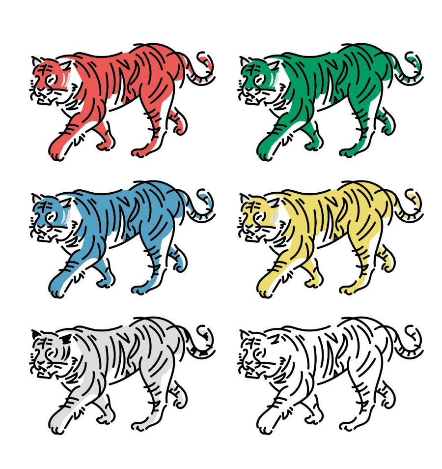 Loose Drawing：虎のイラストの６色サンプル